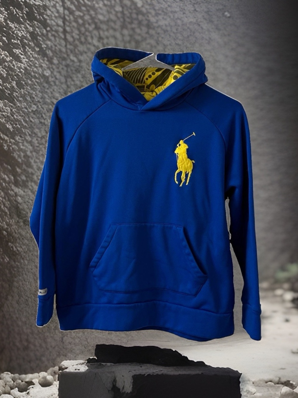 Polo Ralph Lauren Boys Blue Hoodie Size M Yellow Polo Pony Logo Fleece Pockets
